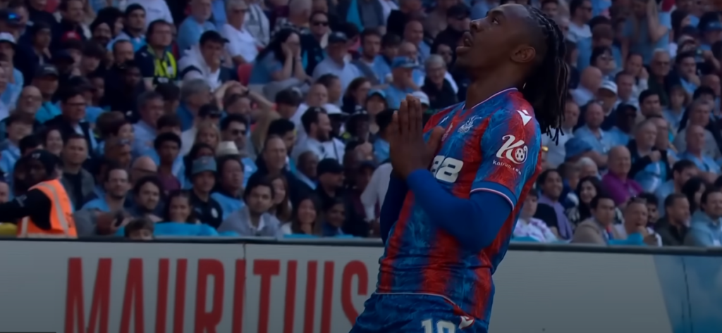 Eberechi Eze celebrates scoring the winning goal for Crystal Palace against Manchester City in the 2025 FA Cup Final at Wembley Stadium.