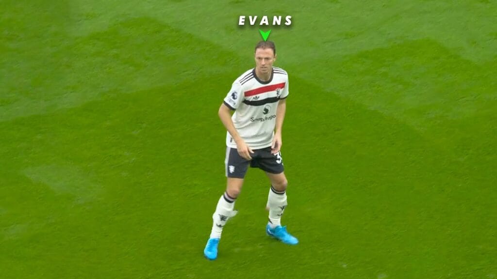 Jonny Evans defending during a Leicester City Premier League match, wearing blue kit.