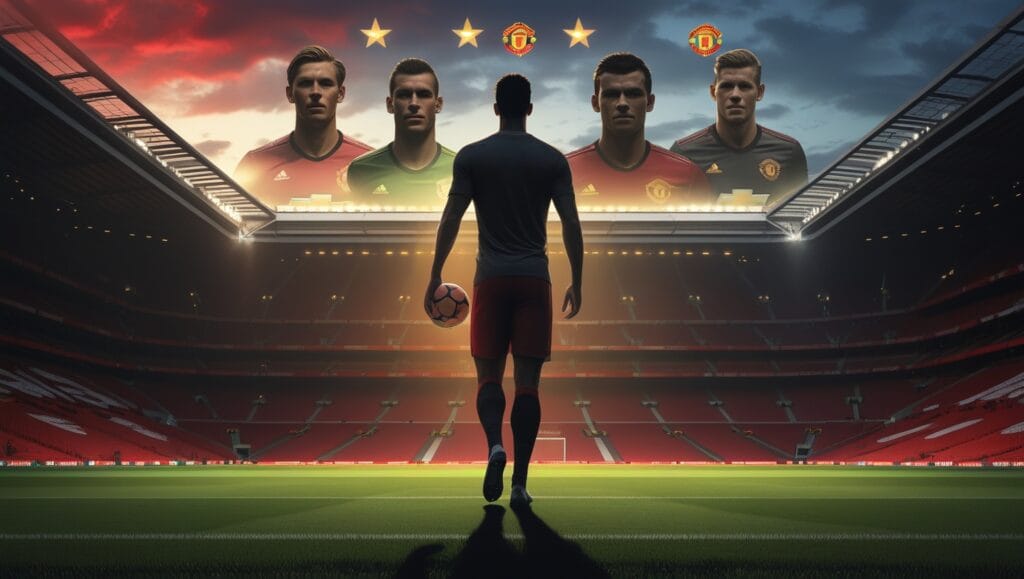 Illustration of Manchester United's Old Trafford stadium at dusk with a mysterious striker figure walking toward the tunnel, symbolizing new transfer hopes. Ghostly images of potential signings appear in the sky above, with Champions League stars faintly glowing in the background, representing the uncertainty surrounding European qualification.