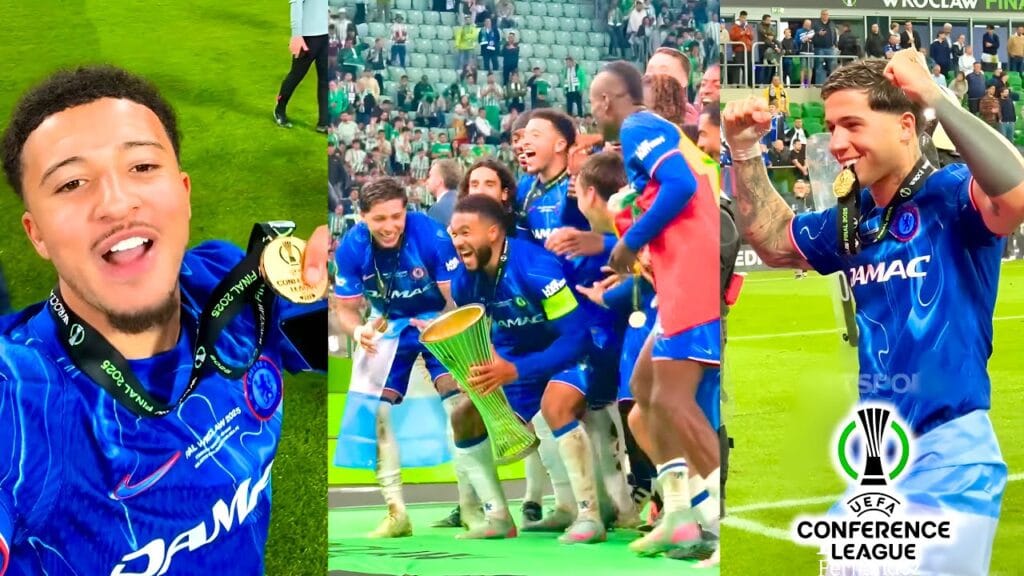 Chelsea players celebrating with the Europa Conference League trophy after defeating Real Betis