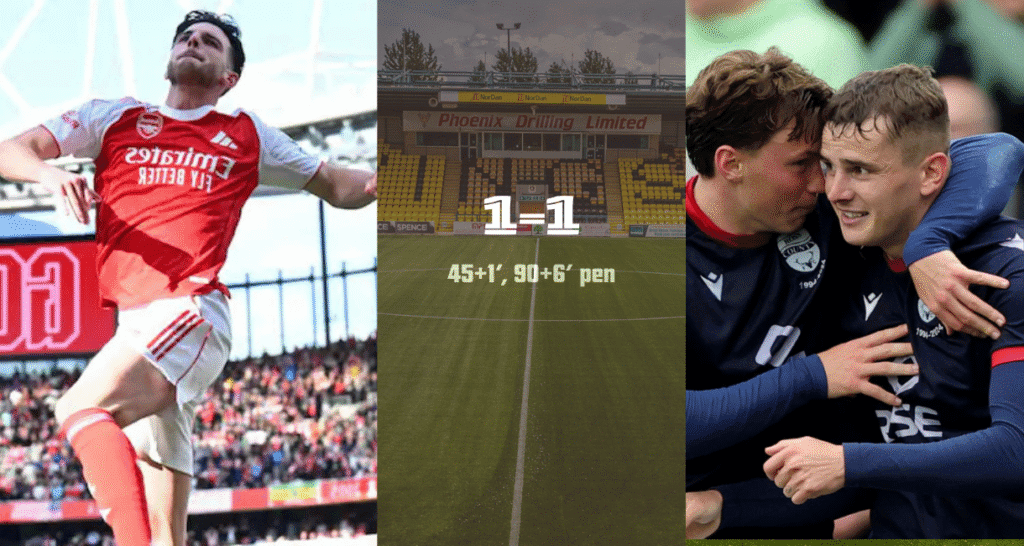 Split-screen showing Danny Wilson celebrating a goal for Livingston and Ronan Hale taking a penalty for Ross County at the Tony Macaroni Arena, with contrasting crowd reactions.