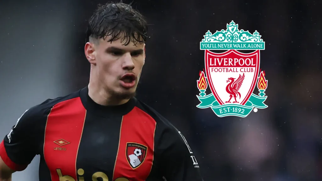 Timeline infographic showing Liverpool defensive signings from 2018 to 2025, including Virgil van Dijk, Andy Robertson, Ibrahima Konaté, and potential 2025 signing Milos Kerkez.