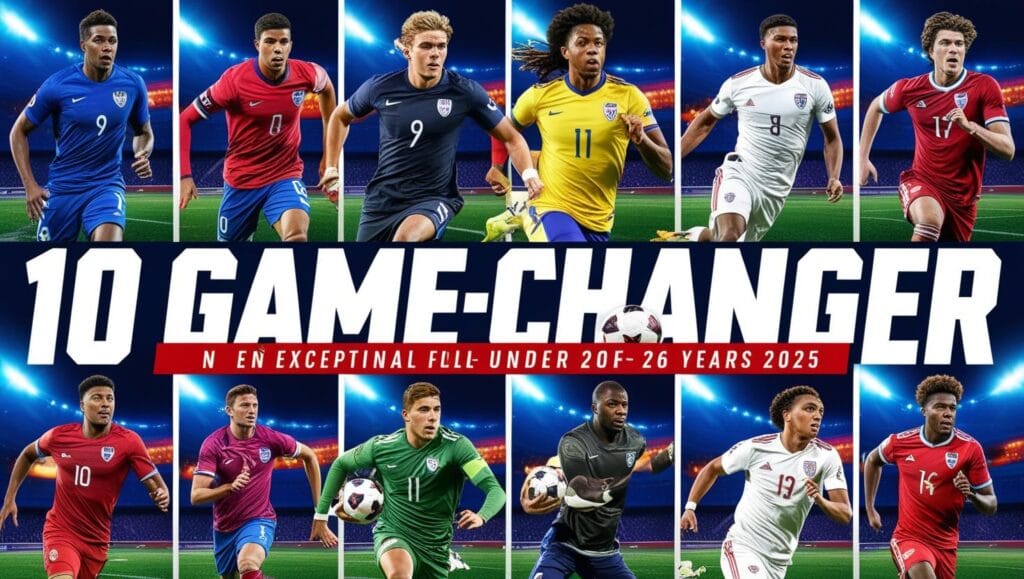 Top 10 young football players in action on a stadium field, showcasing game-changing talent under 26 years old in 2025