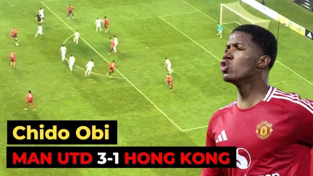 Chido Obi celebrates scoring for Manchester United during the post-season friendly against Hong Kong at Hong Kong Stadium