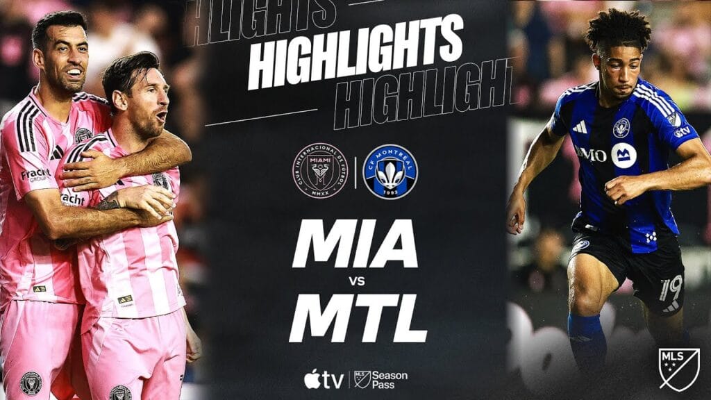 Lionel Messi and Luis Suárez celebrating a goal for Inter Miami in an MLS match against CF Montréal.