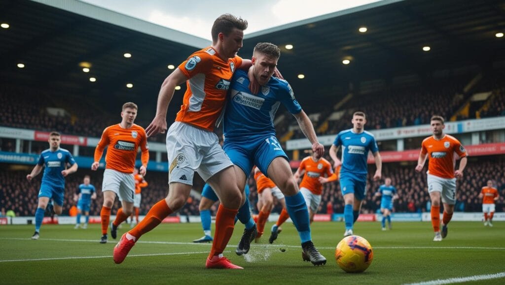 Non-league football players competing fiercely on the pitch during a National League match