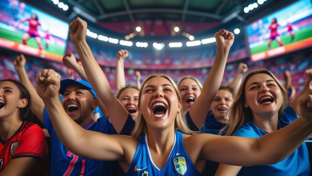 Football fans cheering at BOXPARK Croydon during a women’s football live screening with Crystal Palace banners