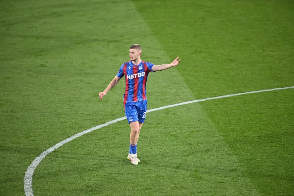 Adam Wharton celebrates Crystal Palace’s FA Cup win at Wembley in 2025, rising as England’s next top midfielder.