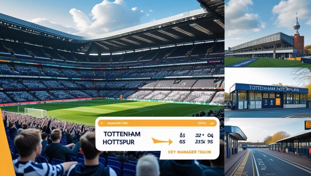 Tottenham Hotspur stadium packed with fans, manager odds graphic, stadium exterior view, ticket booth, and local train station access.