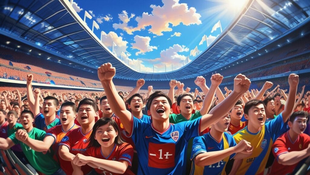 Liverpool supporters cheering in a full Anfield stadium during a Premier League game
